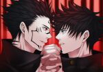  2boys black_hair black_nails buttons commentary_request dated extra_eyes facial_tattoo fushiguro_megumi green_eyes high_collar highres holding_hands interlocked_fingers jujutsu_kaisen long_sleeves looking_at_another male_focus multiple_boys parted_lips red_eyes ryoumen_sukuna_(jujutsu_kaisen) sato_zero915 school_uniform spiked_hair tattoo yaoi 
