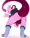  3_fingers absurd_res anthro anus balls bent_over blep bottomless butt clothed clothing fingers flaccid footwear foreskin generation_1_pokemon genitals hi_res hoodie humanoid_genitalia humanoid_penis lapatte legendary_pokemon looking_at_viewer looking_back looking_back_at_viewer male mewtwo narrowed_eyes nintendo pat_(lapatte) penis pokemon pokemon_(species) presenting presenting_hindquarters simple_background socks solo toeless_footwear toeless_socks tongue tongue_out topwear white_background 