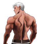  1boy absurdres artist_name back belt black_sclera closed_mouth colored_sclera from_behind grey_hair highres jojo_no_kimyou_na_bouken looking_back male_focus muscular muscular_male red_eyes risotto_nero short_hair simple_background solo tasse_jj topless_male upper_body vento_aureo white_background 