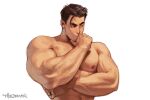  1boy abs artist_name bara black_eyes black_hair earrings glint jewelry male_focus muscular muscular_male navel nipples nude original pectorals ring simple_background solo theo_(theobromicart) thinking upper_body veins white_background 