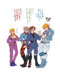  4boys absurdres argyle axis_powers_hetalia battle_tendency blonde_hair boots caesar_anthonio_zeppeli crossed_arms crossover double_scoop eating food giorno_giovanna guido_mista hair_ornament hand_on_another&#039;s_shoulder hat highres ice_cream index_finger_raised italian_flag jojo_no_kimyou_na_bouken long_hair lower_teeth_only male_focus midriff multiple_boys musical_note northern_italy_(hetalia) pectoral_cleavage pectorals pointing smile teeth turtleneck user_ghch5355 vento_aureo zipper 