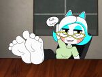 4_toes anthro black_pupils blue_hair bottomwear breasts clothed clothing domestic_cat english_text eyewear feet feet_on_table felid feline felis female ghostlydoodles glasses hair hi_res karen_(smg4) mammal pants pupils shirt sitting smg4 solo text toes topwear white_body white_hair 