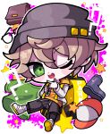  1boy ? backpack bag baseball_cap beanie blonde_hair blood blood_splatter blush_stickers chibi commentary_request desuhiko_thunderbolt full_body glasses green_eyes grey_headwear hair_between_eyes hat highres hood hood_down hoodie jacket kohinata_kanoo long_sleeves looking_at_viewer male_focus master_detective_archives:_rain_code one_eye_closed open_mouth orange_hoodie pants pink_blood short_hair smile solo standing star_(symbol) star_in_eye symbol_in_eye white_footwear white_jacket yellow_bag 