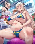  2girls absurdres areola_slip belly_grab bikini blonde_hair blunt_bangs blurry blurry_background breasts cameltoe character_request closed_mouth commentary_request cor369 covered_nipples doughnut feet_out_of_frame food grey_eyes grey_hair highres holding holding_food huge_breasts last_origin long_hair multiple_girls navel prototype_labiata red_eyes see-through semi-rimless_eyewear sweat swimsuit thick_thighs thighs under-rim_eyewear 