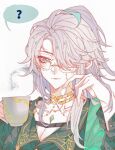 1girl ? absurdres ahoge alhaitham_(genshin_impact) blue_eyes breasts chinese_commentary cleavage coffee_mug commentary_request cup genderswap genderswap_(mtf) genshin_impact glasses gold_necklace grey_hair highres jewelry long_hair mug necklace solo tiankongyuhe 