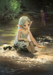  2girls aduo collarbone commentary_request day dress fern_(sousou_no_frieren) flat_chest frieren green_eyes highres legs_together long_hair multiple_girls outdoors parted_lips pointy_ears pouring pouring_onto_self purple_hair river rock sitting soaking_feet solo_focus sousou_no_frieren standing straight_hair very_long_hair washing water white_dress white_hair 