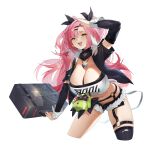  1girl :d absurdres arm_up black_ribbon black_shorts breasts cleavage cutoffs green_eyes hair_ribbon highres large_breasts long_hair long_sleeves looking_at_viewer micro_shorts midriff najiu_jiao_xiaolan_ba navel nicole_demara open_mouth pink_hair ribbon shorts simple_background smile solo stomach strapless thighs tube_top white_background zenless_zone_zero 