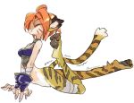  1girl amiami animal_ears breasts breath_of_fire breath_of_fire_ii bustier cat_ears cat_girl cat_tail closed_mouth facial_mark fingerless_gloves full_body gloves orange_hair pointy_ears rinpoo_chuan short_hair simple_background solo stretching tail twitter_username white_background 
