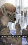  anthro blurred_background clothed clothing female fur group hair hi_res human hyena looking_at_viewer male mammal meme_pose patecko shirt solo tank_top topwear 