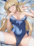  1girl absurdres animal_ears bed_sheet blonde_hair blue_archive blue_eyes blue_leotard breasts collarbone covered_navel fake_animal_ears higashiwun_izumi highres leotard long_hair medium_breasts official_alternate_costume parted_lips rabbit_ears solo strapless strapless_leotard sweat thighhighs toki_(blue_archive) toki_(bunny)_(blue_archive) white_thighhighs wrist_cuffs 
