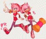  1girl amy_rose animal_ears artist_request dress furry furry_female green_eyes hammer hedgehog hedgehog_ears hedgehog_girl hedgehog_tail highres holding holding_hammer holding_weapon piko_piko_hammer pink_fur pointing red_dress red_footwear sonic_(series) sonic_boom_(game) tail thighhighs weapon 