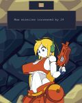  ahoge big_breasts blonde_hair blue_eyes bottomwear breast_expansion breasts cave_story clothing curly_brace expansion female gameplay_mechanics gun hair hi_res humanoid looking_at_breasts looking_down machine midriff navel nipple_outline not_furry open_mouth pants ranged_weapon robot robot_humanoid side_boob signature solo text topwear under_boob weapon white_body wide_hips zedrin 