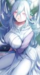  +_+ 1girl aqua_hair braid breasts curled_horns dress fate/grand_order fate/grand_order_arcade fate_(series) hair_between_eyes highres horns ichi_kq large_breasts larva_tiamat_(fate) long_hair long_horns long_sleeves looking_at_viewer pantyhose parted_lips pink_eyes pointy_ears ribbed_dress sidelocks solo symbol-shaped_pupils tail thighs tiamat_(fate) very_long_hair white_dress white_pantyhose 