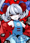  1girl bare_shoulders blue_dress cowboy_shot dress earrings flat_chest grey_hair grin highres horizontal_pupils horns jewelry looking_at_viewer pointy_ears red_background red_eyes sharp_teeth short_hair simple_background smile smirk solo teeth touhou toutetsu_yuuma uneven_eyes yuka_yukiusa 