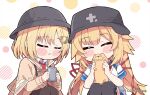  2girls akai_haato black_headwear blonde_hair blush closed_eyes hair_between_eyes hat highres holding hololive kukie-nyan long_hair multiple_girls official_art short_hair virtual_youtuber watermark watson_amelia 