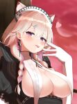  1girl :p animal_ear_fluff animal_ears arknights blonde_hair blush braid breast_curtains breasts cat_ears cleavage cross cross_earrings earrings elbow_gloves extra_ears gloves hair_ornament hairband hairclip heart highres jewelry kazemaru_(arknights) kazemaru_(like_illusion)_(arknights) large_breasts long_hair looking_at_viewer multicolored_hair official_alternate_costume pcaccount13 pink_hair puffy_short_sleeves puffy_sleeves purple_eyes short_sleeves solo tongue tongue_out twin_braids two-tone_hair underbust upper_body white_gloves white_hairband 