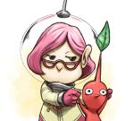  1girl arms_up bags_under_eyes black_eyes brittany_(pikmin) buttons closed_mouth colored_skin commentary_request eyelashes glasses gloves half-closed_eyes helmet holding_another&#039;s_wrist leaf light_frown naru_(wish_field) no_mouth pikmin_(creature) pikmin_(series) pink_gloves pink_hair pink_skirt pointy_nose radio_antenna red-framed_eyewear red_pikmin red_skin short_hair skirt solid_eyes space_helmet spacesuit triangular_eyewear upper_body whistle white_background 