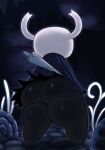  ambiguous_gender anthro arthropod big_butt black_body butt cave cloak cloak_only clothing hi_res hollow_knight horn nail_(hollow_knight) rear_view shell solo stones team_cherry the_knight_(hollow_knight) thick_thighs weapon weapon_on_back zlut385 
