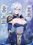  1girl ashe_(league_of_legends) blue_cape blue_eyes blue_gloves blue_skirt blurry blurry_background blush breasts cape cleavage elbow_gloves gem gloves hair_between_eyes hand_up highres hood hood_down kimtoxic large_breasts league_of_legends long_hair pleated_skirt skirt solo speech_bubble teeth translation_request white_hair 