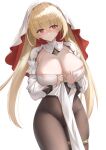  1girl absurdres azur_lane black_pantyhose blonde_hair blush breasts cameltoe cleavage clothes_lift highres kersaint_(azur_lane) large_breasts long_hair long_sleeves nun pantyhose pelvic_curtain qian_hen red_eyes solo sweatdrop thighlet twintails very_long_hair white_background white_veil 