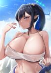 1girl bare_shoulders black_hair blue_archive blue_eyes blue_hair breasts cleavage collarbone halo hand_up highres large_breasts long_hair multicolored_hair navel outdoors parted_lips pointy_ears ponytail rin_(blue_archive) solo two-tone_hair tyamurai33 upper_body 