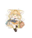  1girl absurdres alternate_costume animal_ear_fluff animal_ears arknights bag black_choker blonde_hair blue_ribbon boots braid braided_hair_rings brown_footwear chibi chinese_commentary choker commentary dated_commentary dress fang fox_ears fox_girl fox_tail green_eyes hair_rings hairband highres kitsune kyuubi looking_at_viewer multiple_tails open_mouth orange_dress orange_hairband outstretched_arms puffy_short_sleeves puffy_sleeves ribbon shio_(7203802) shopping_bag short_hair short_sleeves skin_fang solo spread_arms suzuran_(arknights) tail thighhighs white_background white_thighhighs 