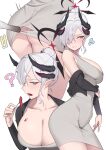  ! !! 1girl ? absurdres black_horns blue_archive breasts cleavage clenched_teeth collarbone commission cosplay covered_navel demon_horns dongtan_lady_(k_pring) dongtan_lady_(k_pring)_(cosplay) dress food grey_dress grey_eyes grey_hair hair_bun halo highres horns korean_commentary large_breasts long_sleeves makoto_(blue_archive) multiple_horns multiple_views open_mouth pointy_ears second-party_source short_hair simple_background single_hair_bun teeth tteokbokki white_background yzr_(yzr99) 