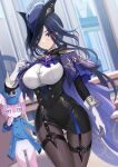  2girls ascot black_bow black_corset black_pantyhose black_skirt blue_ascot blue_cape blue_hair blue_headwear blurry blurry_background bow breasts button_gap cape clorinde_(genshin_impact) closed_mouth commentary_request corset dark_blue_hair drop_earrings earrings elbow_gloves epaulettes fold-over_gloves furry genshin_impact gloves hair_between_eyes hair_bow harimoji hat hat_feather high-waist_skirt highres jewelry large_breasts long_hair low_ponytail melusine_(genshin_impact) multicolored_hair multiple_girls outdoors pantyhose pencil_skirt pink_fur purple_eyes shirt skirt streaked_hair sweatdrop taut_clothes taut_shirt tricorne vision_(genshin_impact) white_gloves white_shirt 