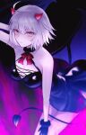  1girl alternate_costume bare_shoulders black_dress black_gloves breasts cleavage closed_mouth commentary_request demon_horns demon_tail dress expressionless fake_horns fake_tail fate/grand_order fate_(series) gloves grey_hair halloween halloween_costume highres horns jeanne_d&#039;arc_alter_(fate) large_breasts looking_at_viewer pale_skin roro_982 short_hair solo strapless strapless_dress tail yellow_eyes 