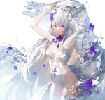  1girl back_bow blonde_hair blue_eyes bodysuit bow breasts cleavage copyright_request fajyobore flower highres light_smile long_hair looking_at_viewer see-through simple_background solo thighhighs water white_background white_bodysuit white_thighhighs wide_sleeves 