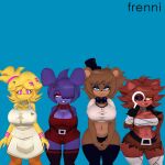  1:1 3d_(artwork) album_cover animal_humanoid annoyed annoyed_expression anthro apron avian bandage bear bedroom_eyes belly belt belt_buckle big_breasts bird black_nose blonde_hair blue_background bonfie bonnie_(cally3d) bonnie_(fnaf) bottomwear bow_tie bra breasts brown_body brown_fur brown_hair cally3d canid canid_humanoid canine canine_humanoid chica_(cally3d) chica_(fnaf) chicken chiku_(cryptiacurves) cleavage clothed clothing cover cryptiacurves curvy_figure digital_media_(artwork) dress_shirt english_text eye_patch eyewear female fexa_(cally3d) five_nights_at_freddy&#039;s food fox fox_humanoid foxy_(cally3d) foxy_(fnaf) freddy_(fnaf) fredina&#039;s_nightclub fredina_(cally3d) fur galliform gallus_(genus) group hair hand_on_hip hands_behind_back hands_together happy hat headgear headwear hook hook_hand hotpants humanoid lagomorph legwear leporid makeshift_clothing mammal mammal_humanoid meme midriff narrowed_eyes open_mouth panties parody phasianid pizza purple_body purple_eyes purple_fur purple_hair rabbit red_body red_fur red_hair rednewth scottgames seductive shirt shorts simple_background smile straps text thick_thighs thigh_gap thigh_highs topwear underwear voluptuous weezer weezer_(blue_album) wide_hips yellow_body yellow_eyes 