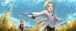  1boy 1girl absurdres ahoge black_shorts blonde_hair blurry blurry_background book child cloud collarbone collared_shirt day english_commentary flat_chest gem green_eyes green_hair hair_intakes highres holding holding_book holding_wand hood hooded_jacket hydrokinesis jacket long_sleeves magic mole mole_under_eye moleshi mountain mushoku_tensei open_mouth orange_eyes outdoors pointy_ears red_gemstone rudeus_greyrat running shirt short_hair short_sleeves shorts sky sylphiette_(mushoku_tensei) teeth upper_teeth_only vest wand water wheat_field white_jacket white_shirt wide_sleeves 