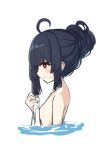  1girl ahoge bathing black_hair blue_archive blunt_bangs bright_pupils completely_nude from_side halo highres hime_cut le_xue long_hair miyu_(blue_archive) nude red_eyes straight_hair sweatdrop towel upper_body water white_pupils 