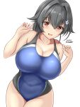  1girl alternate_costume black_hair black_one-piece_swimsuit blush breasts commentary_request competition_swimsuit covered_navel dated hair_flaps hair_ornament hairclip highleg highleg_swimsuit highres impossible_clothes impossible_swimsuit jingei_(kancolle) kantai_collection large_breasts long_hair looking_at_viewer low_ponytail montemasa multicolored_clothes multicolored_swimsuit one-piece_swimsuit open_mouth red_eyes smile solo swimsuit twitter_username two-tone_swimsuit 
