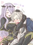  1boy 1girl blush breasts camilla_(fire_emblem) corrin_(fire_emblem) corrin_(male)_(fire_emblem) fire_emblem fire_emblem_fates grey_hair gumiten heart hug large_breasts open_mouth purple_hair surprised 