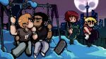  2boys 2girls bara beard_stubble black_hair bored character_request chibi couple dark-skinned_male dark_skin deformed full_moon highres jaime_(grizzgotmilk) kiss lucas_lee male_focus moon multiple_boys multiple_girls muscular muscular_male night pectorals pixel_art roxanne_richter scott_pilgrim_takes_off shirt short_hair short_sleeves smile solo swinging t-shirt tight_clothes tight_shirt todd_ingram v-shaped_eyebrows yaoi 