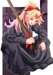 1girl absurdres black_sailor_collar black_skirt blonde_hair bokken commentary_request delinquent fang fugaku_(miko_no_miyatsuguchi) gradient_hair hair_tie highres holding holding_sword holding_weapon horns hoshiguma_yuugi long_hair long_skirt looking_at_viewer multicolored_hair oni oni_horns open_mouth pleated_skirt pointy_ears ponytail red_horns sailor_collar school_uniform single_horn skirt solo squatting star_(symbol) sukeban sword touhou weapon wooden_sword 