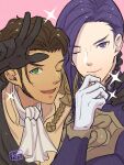  2boys brown_hair claude_von_riegan dark-skinned_male dark_skin fire_emblem fire_emblem:_three_houses gloves highres kh_(tanakananataka) lorenz_hellman_gloucester multiple_boys one_eye_closed purple_eyes purple_hair upper_body 