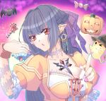  1girl absurdres alternate_color bat_(animal) between_breasts black_hair blush braid breasts brown_eyes cleavage commentary_request creature crescent crescent_earrings cross dangle_earrings dress earclip earrings fang fingernails french_braid frilled_sleeves frills ghost grey_choker hair_between_eyes hair_intakes hair_ribbon halloween high_priest_(ragnarok_online) highres holding holding_creature jack-o&#039;-lantern jewelry juliet_sleeves large_breasts long_bangs long_sleeves looking_at_viewer marin_(ragnarok_online) nagifujisawa nail_polish open_mouth pink_background pink_nails pointy_ears puffy_sleeves pumpkin purple_ribbon ragnarok_online ribbon saliva saliva_trail see-through see-through_sleeves skin_fang slime_(creature) solo two-tone_dress upper_body white_dress wrapped_candy yellow_dress 
