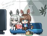  2girls amiya_(arknights) animal_ears arknights blue_eyes brown_hair chibi couch eating english_text food frostnova_(arknights) grey_eyes hm_(hmongt) lyrics multiple_girls on_couch originium_slug_(arknights) popcorn rabbit_ears rabbit_girl rhodes_island_logo stuffed_animal stuffed_toy teddy_bear white_hair 