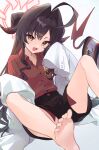  1girl :3 ahoge barefoot black_hair black_horns black_shorts blue_archive blurry coat collared_shirt commentary demon_girl demon_horns demon_tail depth_of_field duplicate fang feet foot_out_of_frame hair_intakes halo highres horns kasumi_(blue_archive) knees_up lab_coat legs long_hair momoyama_momo open_mouth parted_bangs red_halo red_shirt shirt shirt_tucked_in shorts simple_background sitting sleeves_past_fingers sleeves_past_wrists smile soles solo spread_legs symbol-only_commentary tail toes v-shaped_eyebrows white_background white_coat yellow_eyes 