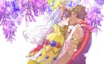  2boys alear_(fire_emblem) alear_(male)_(fire_emblem) blue_hair brown_hair crown dark-skinned_male dark_skin e8coofn0klibdx1 fire_emblem fire_emblem_engage flower fogado_(fire_emblem) hair_ornament imminent_kiss jewelry looking_at_another male_focus multicolored_hair multiple_boys official_alternate_costume red_eyes red_hair short_hair split-color_hair two-tone_hair veil white_background yaoi 