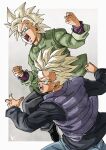  2boys black_pants blonde_hair blue_pants chinese_clothes clenched_hand clenched_hands commentary_request dragon_ball dragon_ball_super dragon_ball_super_super_hero furrowed_brow green_eyes highres kakeru_(dbskakeru) male_focus multiple_boys open_mouth pants purple_vest serious signature son_goten super_saiyan super_saiyan_1 trunks_(dragon_ball) vest 