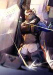  2023 absurd_res anthro arknights black_hair clothing collar ear_piercing eyebrow_piercing facial_piercing fur grey_body grey_fur hair hi_res holding_object holding_shield hyena hypergryph looking_away male mammal multicolored_hair piercing riot_shield ryuuuta_200315 shield solo spot_(arknights) spotted_hyena studio_montagne two_tone_hair uniform 