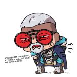  1boy apex_legends ballistic_(apex_legends) black_eyes blue_jacket cartoonized chibi english_commentary english_text facial_hair goatee grey_hair hair_slicked_back hand_on_own_hip hand_on_own_knee highres hunched_over jacket male_focus miyan_(oceanmaiden) old old_man open_mouth red-tinted_eyewear round_eyewear sleeveless sleeveless_jacket solo squinting tinted_eyewear toon_(style) 