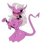 2023 blush bodily_fluids breast_rest breasts demon demon_humanoid female grey_hair hair helluva_boss hi_res horn humanoid long_tail mhdrawin mostly_nude mrs.mayberry_(helluva_boss) nipples not_furry pointed_tail pubes purple_body purple_skin red_eyes solo sweat tail 