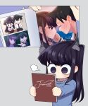  1boy 1girl absurdres animal_ears artist_name black_eyes black_hair blue_sweater book cat_ears commentary couple flying_sweatdrops hetero highres holding holding_book j_humbo komi-san_wa_komyushou_desu komi_shouko long_hair motion_lines picture_(object) short_hair signature sweater tadano_hitohito trembling 