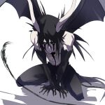  1boy black_hair bleach colored_sclera demon_boy demon_horns demon_tail green_sclera hishui_prpr horns long_hair male_focus solo squatting tail topless_male ulquiorra_cifer white_background wings yellow_eyes 