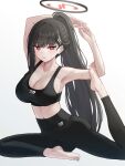  1girl absurdres black_hair black_pants blue_archive breasts cleavage highres kano_(wi3028) large_breasts long_hair looking_at_viewer pants ponytail red_eyes rio_(blue_archive) solo yoga_pants 