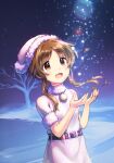  1girl bare_tree belt blush brown_eyes brown_hair dress fur-trimmed_dress fur-trimmed_headwear fur_trim hat idolmaster idolmaster_cinderella_girls kawaseki light long_hair looking_up night open_mouth outdoors pom_pom_(clothes) short_sleeves sidelocks sky smile snow solo star_(sky) starry_sky takamori_aiko tree upper_body white_dress winter 